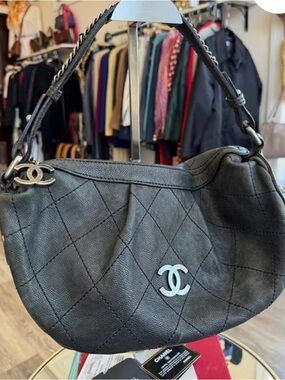 CHANEL Black Quilted Leather Hobo Shoulder Bag with Silver CC Ligne